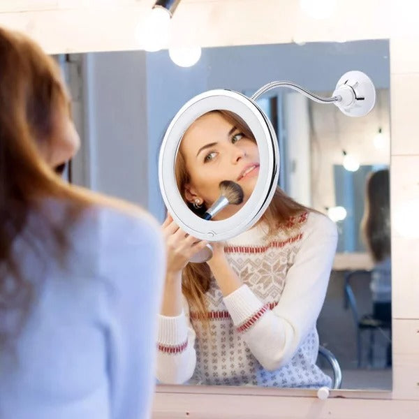 LED Makeup Mirror 10x Magnification – Flexible Gooseneck, Suction Mount & Natural Daylight Lighting