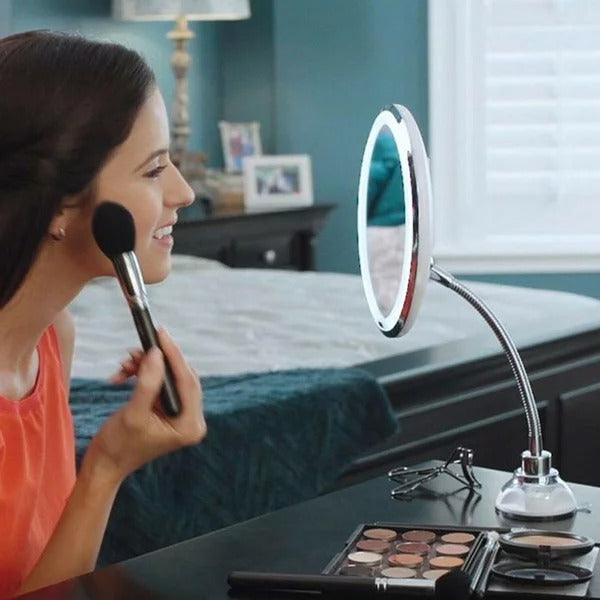 LED Makeup Mirror 10x Magnification – Flexible Gooseneck, Suction Mount & Natural Daylight Lighting