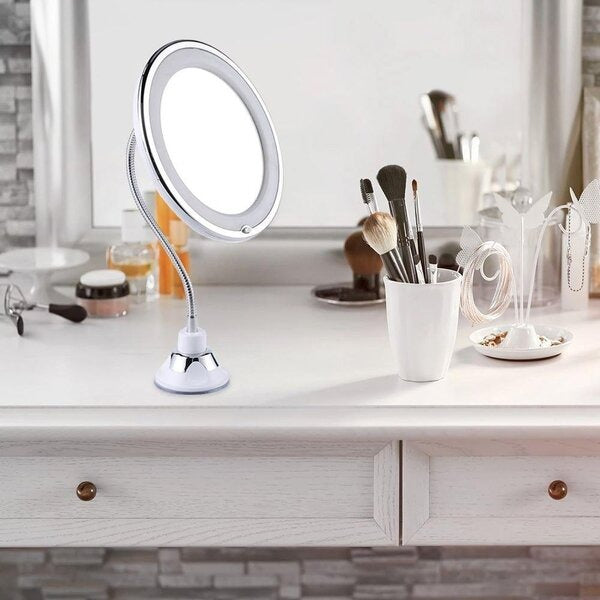 LED Makeup Mirror 10x Magnification – Flexible Gooseneck, Suction Mount & Natural Daylight Lighting